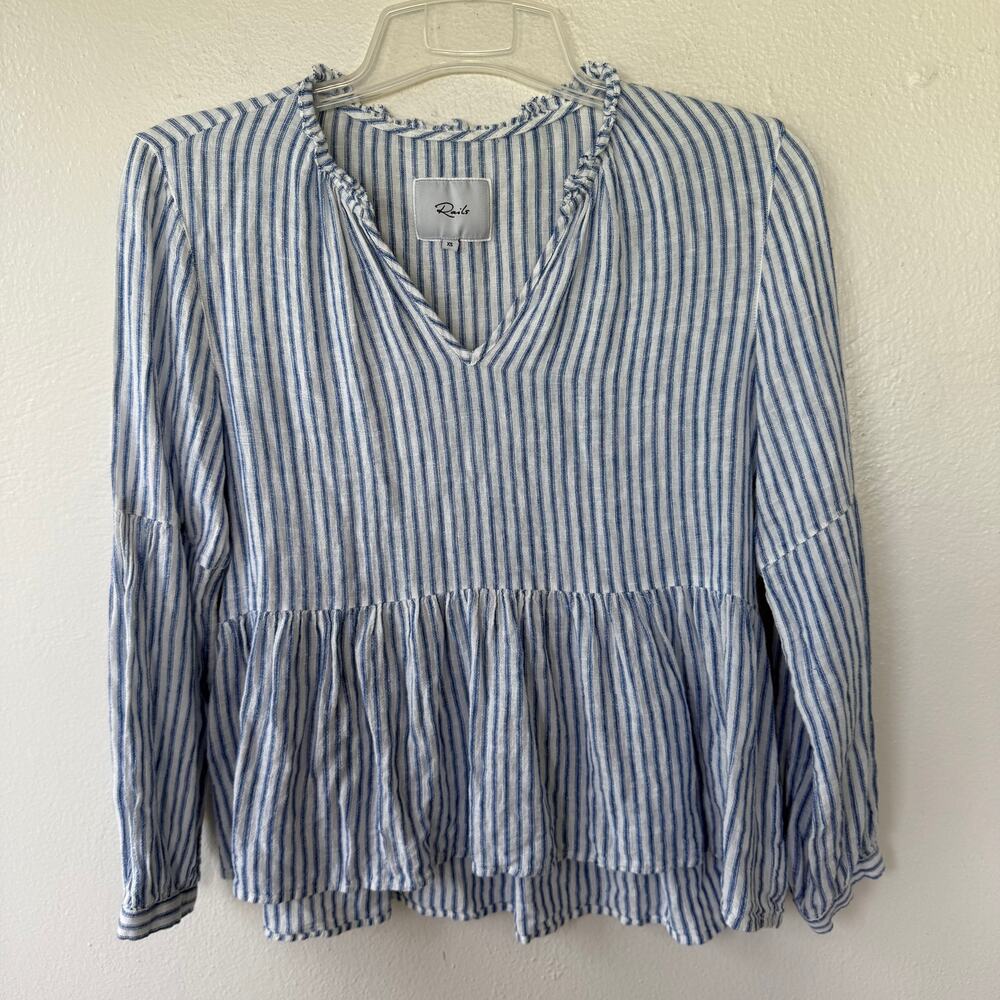 Rails XS Blue White Raylyn Top Fremon ruffled V-neckline peplum waist size XS - Picture 2 of 9